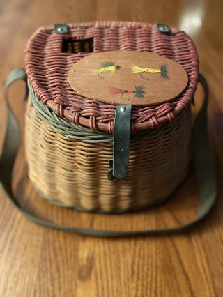 Vintage Woven Wicker Fishing Creel Basket Painted Fly Fishing Lid