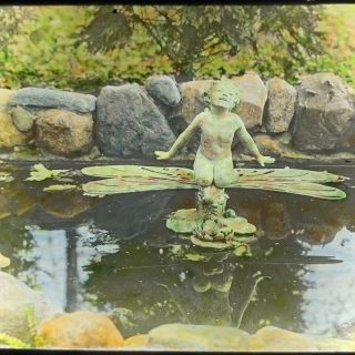 Antique Magic Lantern Glass Slide Color Photo Garden Nymph Fairy Fountain