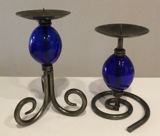 2 Vintage Cobalt Blue Pillar Candle Holders Pedestal Wrought Iron Blue Glass