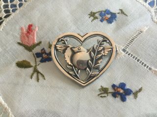 Antique Vintage Sterling Silver Coro Pin Brooch With Bird & Branch In Heart