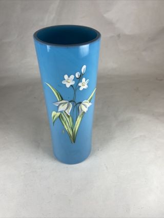 Antique Bohemian Blue Opaque Opaline Glass Vase Hand Painted Enamel Floral Tulip