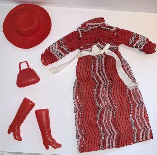 Vintage Maddie Mod Barbie Clone Outfit Long & Lacey Red Dress Boots Hat Purse Hk