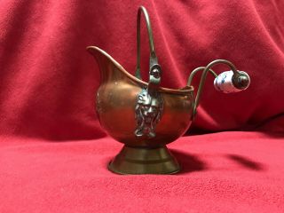 Vintage Copper And Brass Scuttle Bucket With Lion Head Porcelain Handle