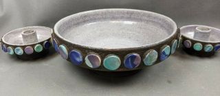 Rare Mcm Raymor Bitossi Aldo Londi Attrib Jeweled Centerpiece Bowl Candlesticks