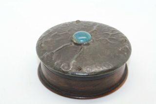 Vintage Arts And Crafts Circular Wooden And Pewter Lid - Pot Box Trinket Treen