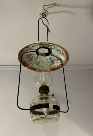 Antique Vtg Victorian Unusually Small Kerosene Lamp W/ Ceramic Reflector Shade