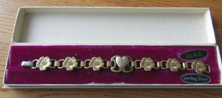 Antique Sterling Silver Bracelet,  1/20 10k Gold Fill,  Flowers & Heart,  Orig.  Box
