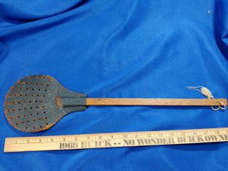 Rare Early Antique Leather Fly Swatter Insect Wood Oak Shaft Vtg Tool 20 "