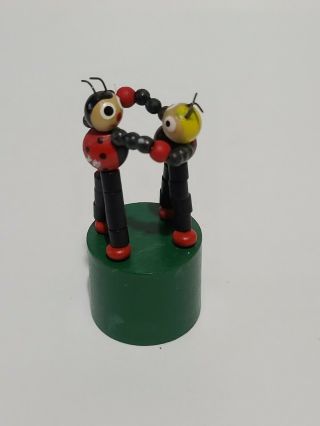 Vintage Wooden Collapsing Thumb Dancing Push Puppet Ladybugs Rare Find