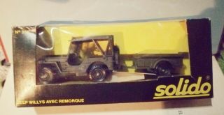1970`s Vintage 1/43 Solido Military Us Willys Jeep & Trailer Diecast No256 Rare