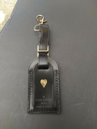 Authentic Louis Vuitton Black Leather Luggage Tag Rare Hawaii Plumeria & Heart 2