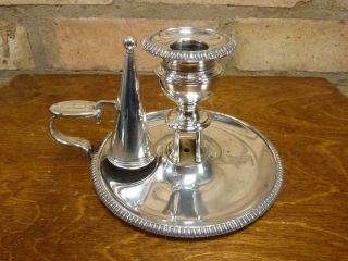 A Antique Round Chamberstick Candle Stick Holder With Snuffer Silver Plated