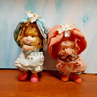 Vintage 80s Hugger Clip - On Strawberry Shortcake Dolls,  Yarn Hair Blue Pink Dress