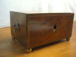 Old Vintage Wooden Box With Brass Bun Feet & Inlays Needs Work