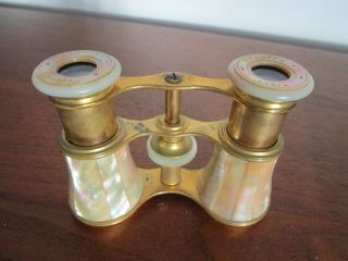 Lemaire Paris Antique White Mother Of Pearl/Brass Opera Glasses w/ case 3