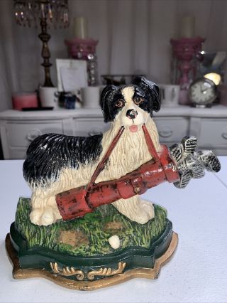 Antique Vintage Cast Iron Dog With Golf Clubs Door Stop Bookend Hand Painted