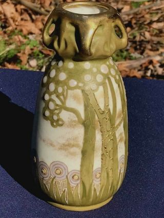 Rare Amphora Austrian Art Nouveau Jeweled Pottery Vase With Stylized Landscape