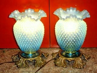 Fenton Old Blue Hobnail Opalescent Lamp - Vase,  Rare Bronze Base Only One