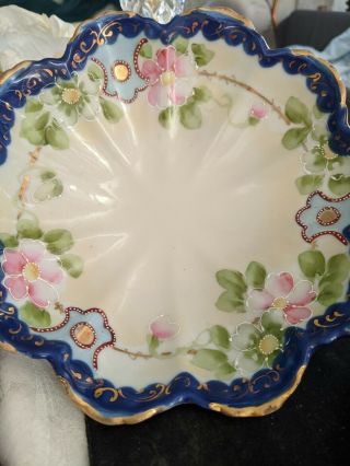 Antique Nippon Hand Painted Porcelain Colbalt Blue Pink Floral Gold Moriage Dish