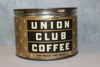 Rare Vintage Union Club Coffee 1 Lb Keywind Tin Can Paper Label Cleveland Ohio