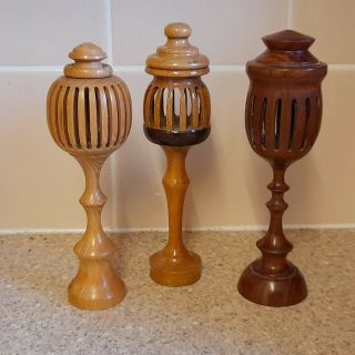 Three (3) Turned Treen Style Wood Potpouri Pots On Stems