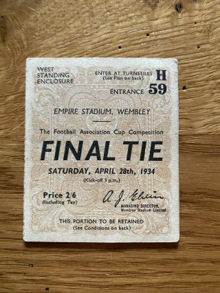 1934 Fa Cup Final Ticket,  Man City V Portsmouth Vgc Rare