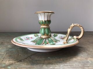 1830s Antique English Victorian Green White Porcelain Chamberstick With Roses Af