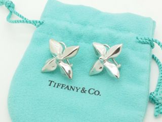 Rare Tiffany & Co Sterling Silver Large 4 Petal Clover Flower Clip On Earrings