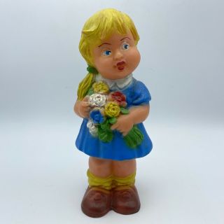 Vintage Squeaker Toy Girl Doll Germany Holding Flowers