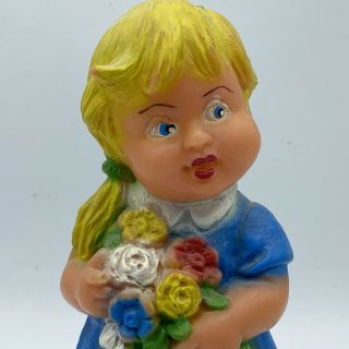 Vintage Squeaker Toy Girl Doll Germany Holding Flowers 2