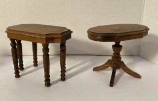 2 Vintage Strombecker Playthings Walnut Dollhouse Side Table Miniature Wooden