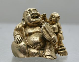Antique Chinese Solid Bronze Happy Buddha Covered With Real Gold Circa 1920s