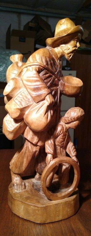 Vintage Mid 20thc German Or Swiss Man & Boy W/ Hoop Toy Carved Wood Statue