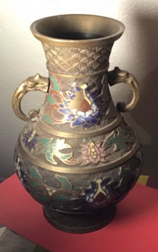 Vintage Brass Cloisonne Enamel Urn Vase Made In Japan 10 Inches Elephant Hand