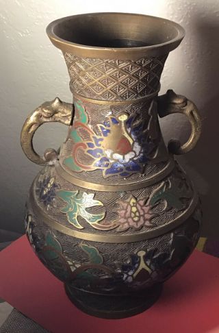 Vintage Brass Cloisonne Enamel Urn Vase Made In Japan 10 Inches Elephant Hand 2