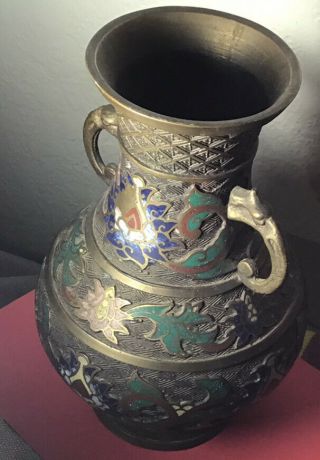 Vintage Brass Cloisonne Enamel Urn Vase Made In Japan 10 Inches Elephant Hand 3