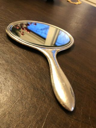 Antique Sterling Silver Vanity Hand Mirror,  Unusual Oval Shape,  Art Deco Style