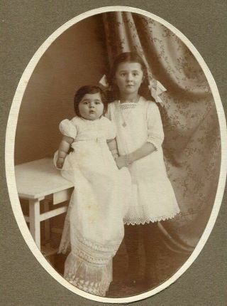Antique Cabinet Card Photo Doll - Like Baby W Little Girl Exquisite Gown