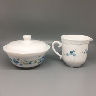 Vintage Arcopal France China Sugar Bowl & Creamer Set Blue Floral
