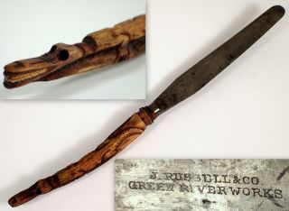 Antique J Russell & Co Green River Carved Crocodile Alligator Handle Knife