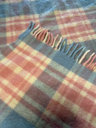 Vtg Small 100 Wool Fringed Blanket Child Baby Pink Blue Cream Soft Thick