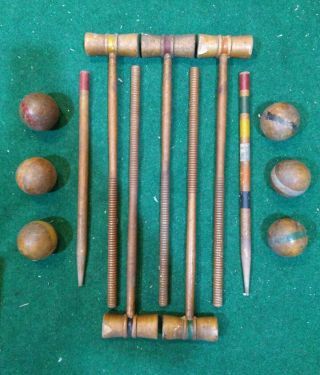 Antique Vintage Hardwood Croquet Set 5 Wood Mallets & 6 Balls Patina