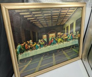 Art Deco Antique Wood Picture Frame Vtg Last Supper Jesus Christ Art 22x18 Glass
