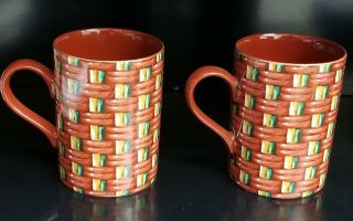 Two Rare Fitz And Floyd Fine Porcelain Basketry Pattern Mugs 416