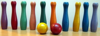 Antique Vintage Primitive 10 - Pins,  2 - Balls Skittles Bowling Carnival Game 5 " Wood