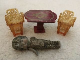 Vintage Antique Dollhouse Miniature Furniture Plastic And Wood And Bisque Doll