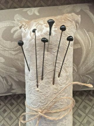 6 Vintage Antique Ladies Hat Pins Black Glass W/hm Pin Cushion 6 " - 10 " Victorian