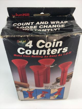 Set Of 4 Coin Counters Red Funnel Tubes With Bix Sun Hill - Made In Usa