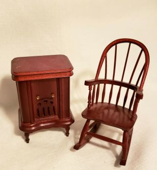 Dollhouse Miniature 1:12 Vintage Radio And Windsor Style Rocking Chair