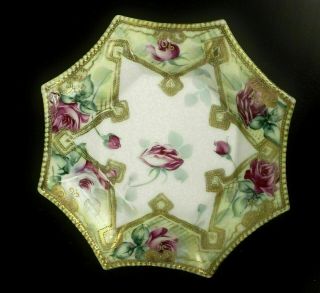 Antique Nippon Hand Painted Candy Nut Trinket Dish Gold Bead Pink Roses Ornate